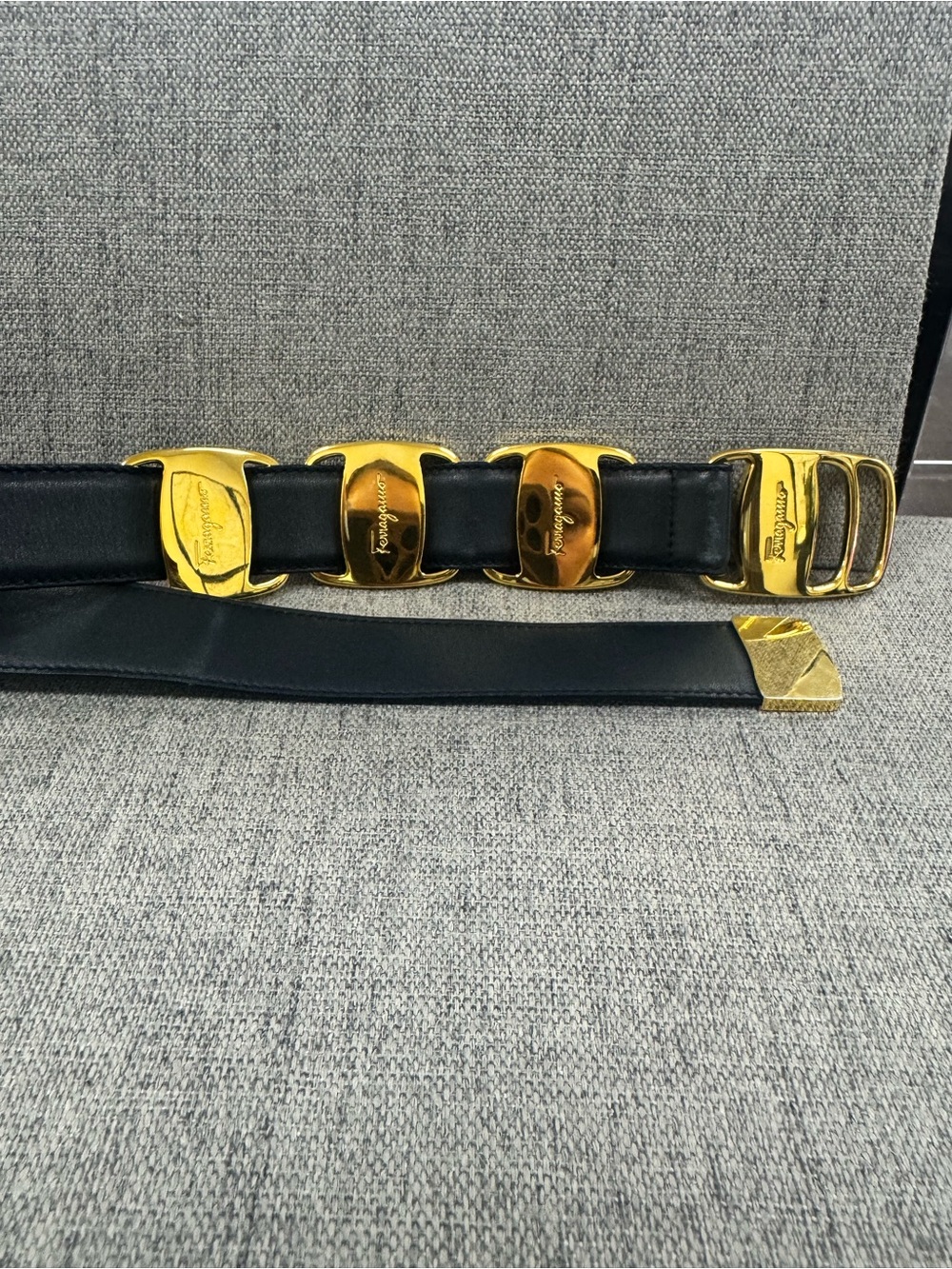 Salvatore Ferragamo Black Leather Belt with Gold-Plated Horsebit Accents
